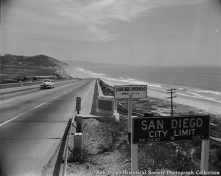 View of coastline and San Diego city limit sign on U.S. Highway 101 near Del Mar