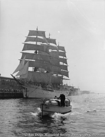 Sailing ship and launch, San Diego harbor