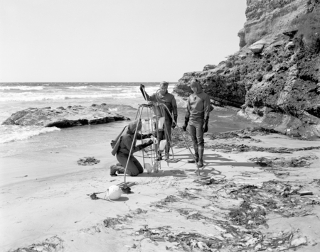 Donald Sayner, David Poole and Robert M. Norris with sediment trap, Scripps Beach, La Jolla