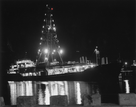 Glomar Challenger refueling at dock at night, Manzanillo, Mexico, May 1979, Leg 67, Victor S. Solelo