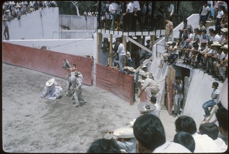 A girl falls from her horse during charro events in Tepic