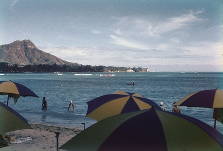 Waikiki Beach, Honolulu, Hawaii, while taking a break during the Midpac Expedition, 1950.