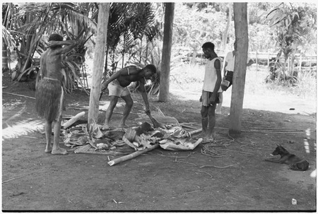 Ambaiat: distribution of pork from pig killed for damaging garden, supervised by pig&#39;s owner, Ausander (in shirt), woman a...