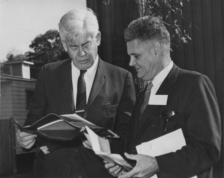 Geophysicsts-Dr. Maurice Ewing, left, and dr. J. Lamar Worzel, Director and Associate Director, respectively, of Columbia ...