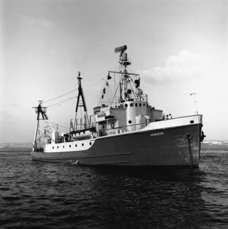 A view of the Scripps Institution of Oceanography research vessel, R/V Horizon, at anchor. September 15, 1960.