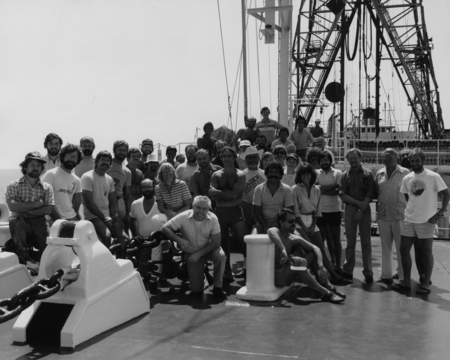 Scientific staff, technicians, and assorted crew members on board the D/V Glomar Challenger (ship) during Leg 84 of the De...