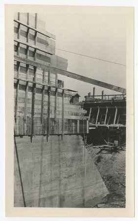 Concrete foundation for Lake Hodges Dam with wooden forms
