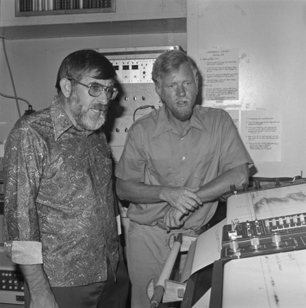 Co-Chief Scientists Paul Robinson and Brian T.G. Lewis on the D/V Glomar Challenger (ship) during one of the legs of the D...