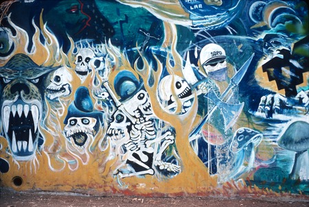 Chicano Park: Historical Mural: detail of flames and skeletons