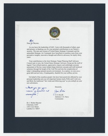 Letter from J. O. Ellis, Admiral U.S. Navy, Commander, on the occasion of J. Robert Beyster&#39;s retirement