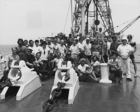 Crew of Leg 87 of the Deep Sea Drilling Project on the deck of the D/V Glomar Challenger (ship). 1982.