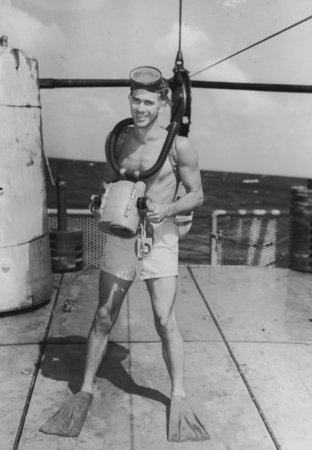 Willard N. Bascom in diving gear with case-lung during the Capricorn Expedition