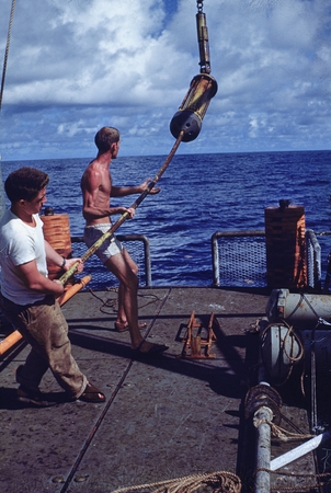 Arthur Maxwell, right, with temperature probe. Midpac Expedition, 1950