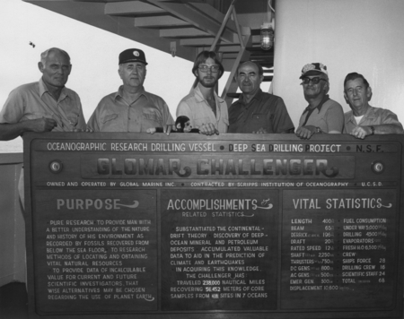 Sign aboard the D/V Glomar Challenger (ship) giving the purpose, accomplishments, and updated vital statistics for the Dee...