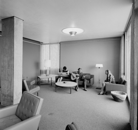 Students seated in dormitory living room, UC San Diego