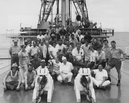 Entire crew of Leg 53 of the Deep Sea Drilling Project on the deck of the D/V Glomar Challenger (ship) before the end of t...