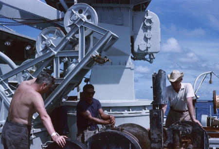 Unidentified scientists during the Lusiad Expedition (1962-63) shown here on the research ship Argo. This expedition was a...