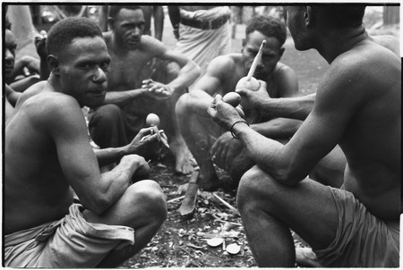 Tinami, Inland Bunabun: betel nut chewing, men hold gourds containing lime