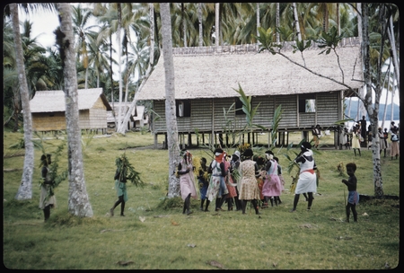 Group of women and children in a village with large leaves