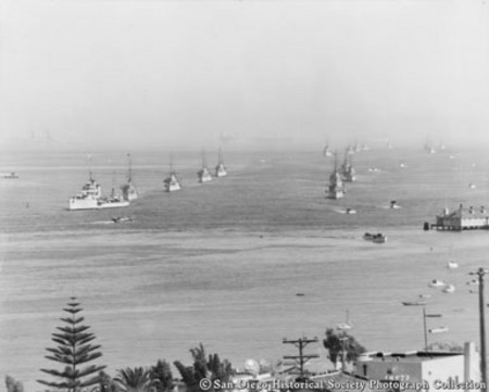 U.S. Navy ships on San Diego Bay, San Diego Yacht Club on right