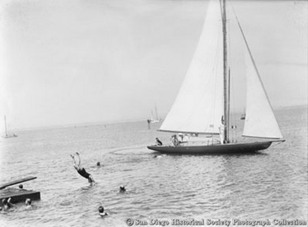 People swimming near yacht