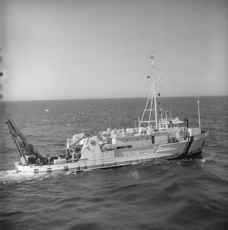 R/V Kana Keoki (ship) as seen from the deck of D/V Glomar Challenger (ship) during the Deep Sea Drilling Project. 1979.