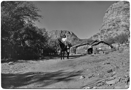 Woman on a mule at Rancho San Martín