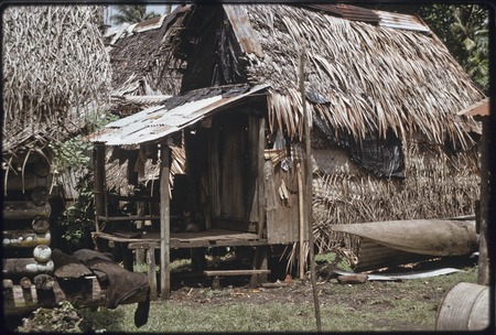 House with veranda, yam house seen at left, canoe at right