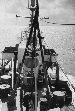 View of the R/V Horizon deck during the Capricorn Expedition (1952-1953). This expedition mapped seamounts and guyots and ...