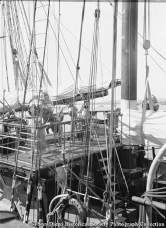 Deck of sailing ship [Belvedere?] docked in San Diego harbor