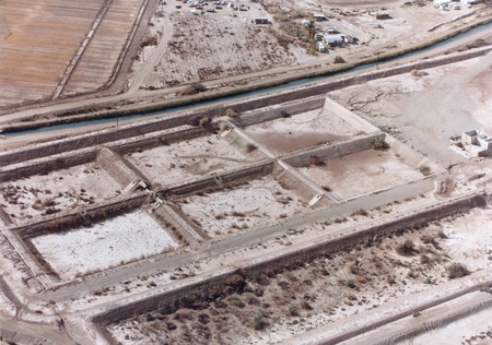 Slab City: aerial photograph of aqueduct and empty holding tanks
