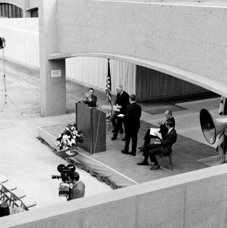 Chancellor William J. McGill (right of the flag) with others, dedication of the Basic Science Building, UC San Diego