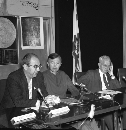 James Arnold, Gustaf Arrhenius and Harold Clayton Urey, moon rock research press conference, UC San Diego