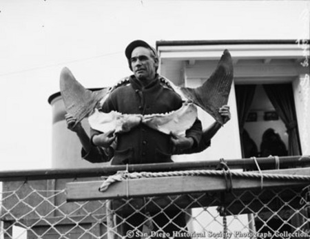 Antonio Drummond holding shark jaws, with man behind him holding shark fins