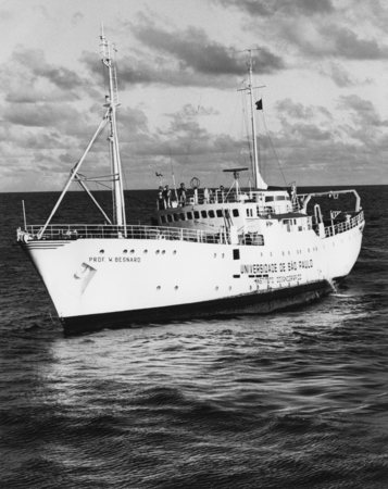 Research vessel Prof. W. Besnard (ship) from the Universidade de Sao Paulo, Instituto Oceanografico, Brazil, at sea. 1980.