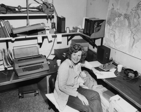 Joanne Collins, a marine technician aboard the D/V Glomar Challenger (ship), broadcasting the latest sports scores to the ...