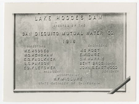 Lake Hodges Dam plaque