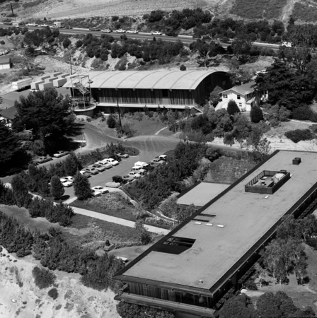Aerial view of the Hydraulics Laboratory (center), cottages, and the Institute for Geophysics and Planetary Physics (IGPP)...