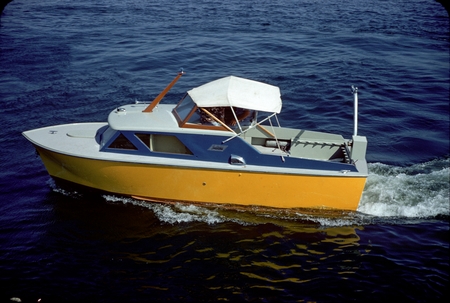 The motor boat named, Macrocystis, on a trial run