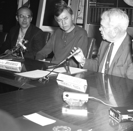James Arnold, Gustaf Arrhenius and Harold Clayton Urey, moon rock research press conference, UC San Diego