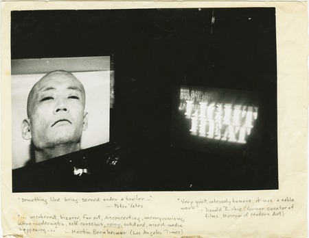 Ping: Performance photographs: Image from Ping film (left) and projected (altered) text (on left)
