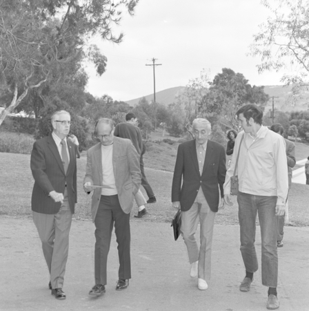 Jacques Cousteau (center right) and Fred Noel Spiess (center left), during Cousteau&#39;s visit to Scripps Institution of Ocea...