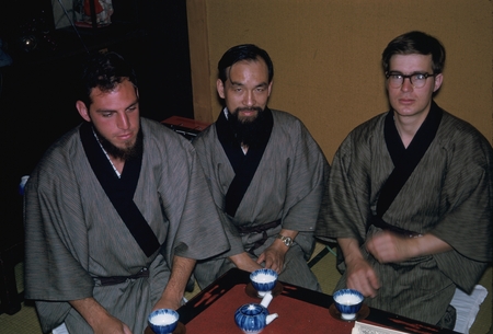 Midnight supper at Aomori ryokahn: Eli Silver, Masashi Yasui, John Slater in traditional yukatas
