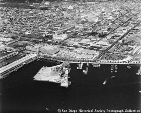 Aerial view of G Street pier, San Diego harbor