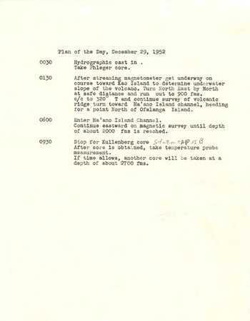 Capricorn Expedition logs: Plan of the day, 1952 December 29