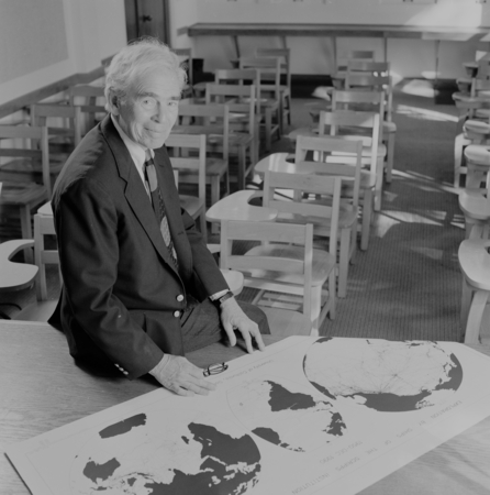 Edward A. Frieman in the Old Scripps Building classroom, Scripps Institution of Oceanography