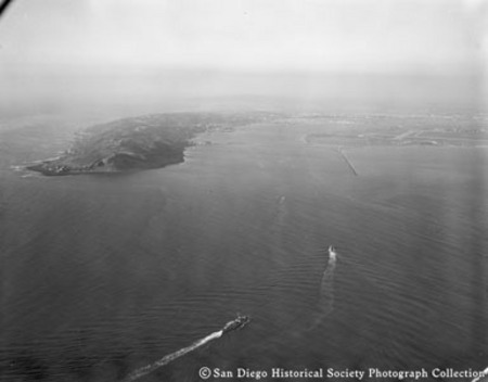 Aerial view of Pacific Ocean, Point Loma, and entrance to San Diego Bay