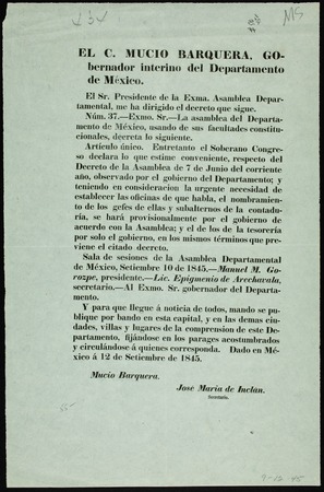 El C. Mucio Barquera, Gobernador interino del Departamento de México ... La Asamblea del Departamento de México ... Artícu...