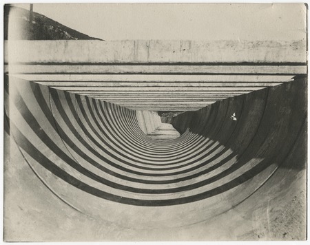 Cross section of newly completed concrete channel and trestle-supported steel pipe, San Diego flume