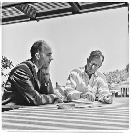 W. H. Powers and Walter H. Munk conferring on &quot;Waves Across the Pacific&quot; project
